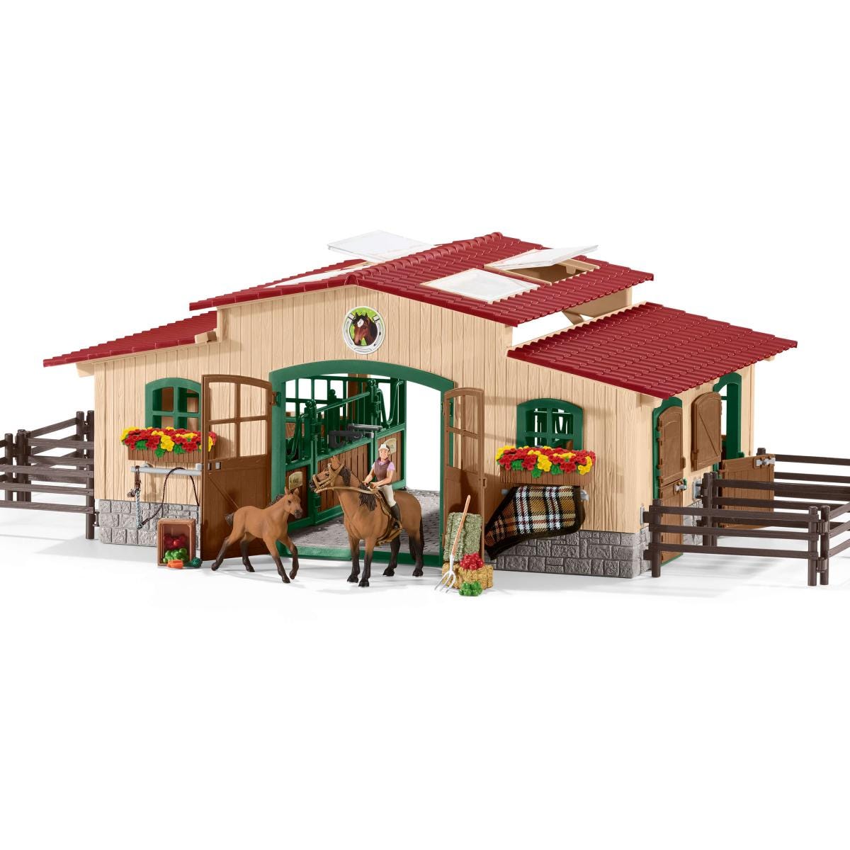 Paardenstal met paarden en toebehoren